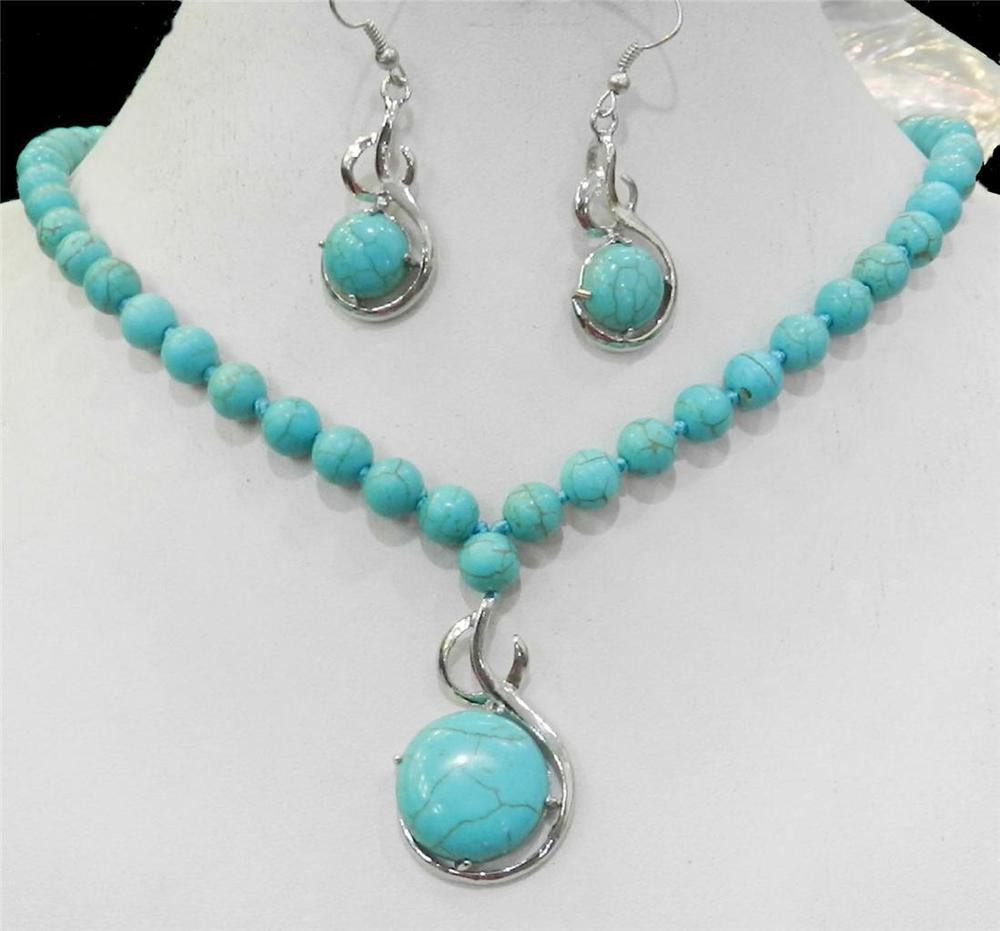 Earring And Necklace Sets
 Elegant Blue Turquoise Gemstone Pendant Necklace Earring