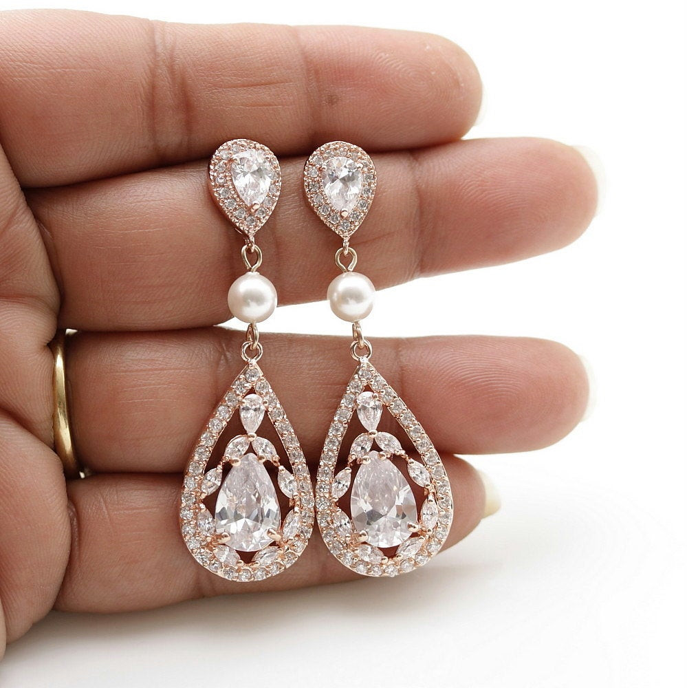 Earrings For Wedding
 Rose Gold Bridal Earrings Wedding Jewelry Cubic Zirconia Pearl