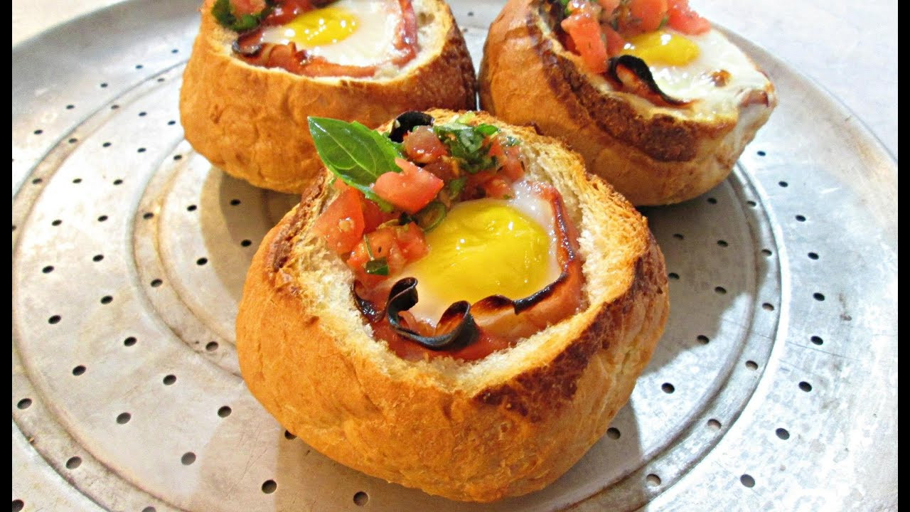 Egg Bread Bowls
 Egg Bread Bowl Soft Boiled Egg with Ham and Bruschetta