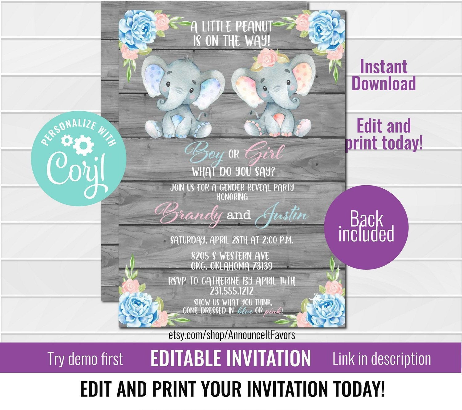 Elephant Baby Shower Invitations Party City
 Elephant Gender Reveal Invitation Printable Floral Pink or