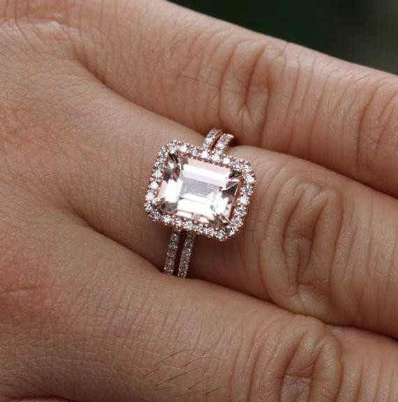 Emerald Cut Wedding Rings
 Emerald Cut Morganite Engagement Ring Wedding Ring Set in 14