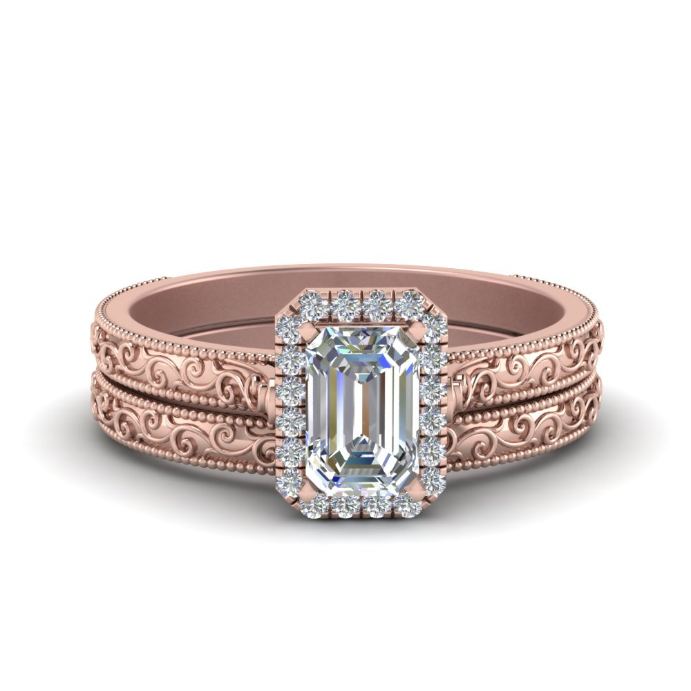Emerald Cut Wedding Rings
 Hand Engraved Emerald Cut Halo Diamond Wedding Ring Set In