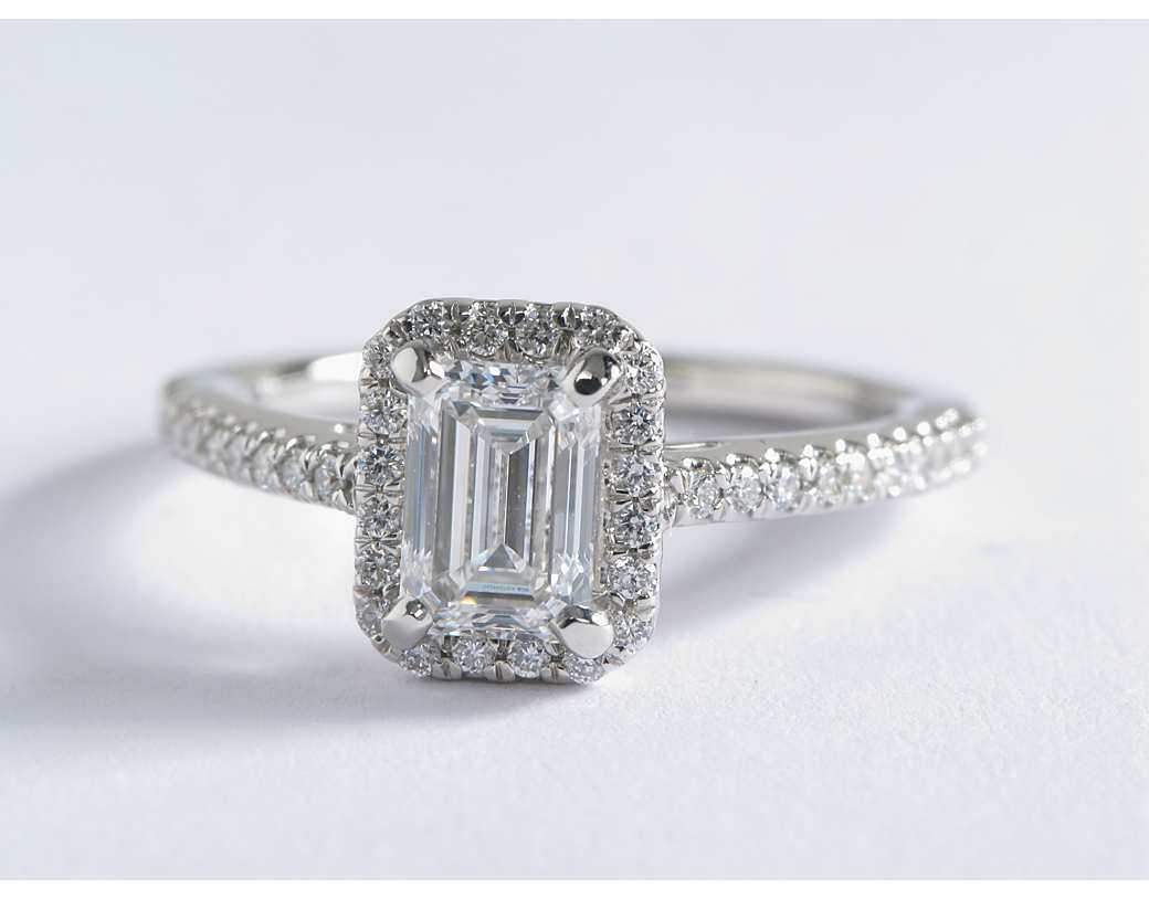 Emerald Cut Wedding Rings
 Emerald Cut Halo Diamond Engagement Ring in 14K White Gold