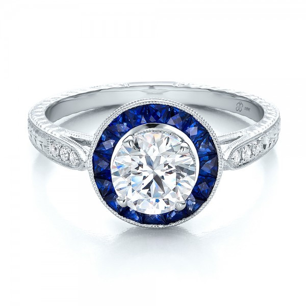 Engagement Rings Diamond And Sapphire
 Art Deco Style Blue Sapphire Halo and Diamond Engagement