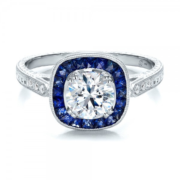 Engagement Rings Diamond And Sapphire
 Art Deco Style Blue Sapphire Halo and Diamond Engagement