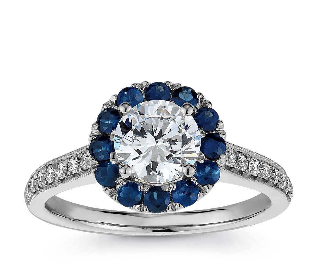 Engagement Rings Diamond And Sapphire
 Halo Sapphire and Diamond Engagement Ring in 18k White
