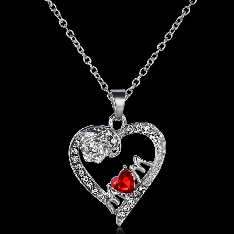 Engraved Mother's Necklace
 Letter Mom Red Crystal Flower Heart Silver Pendant