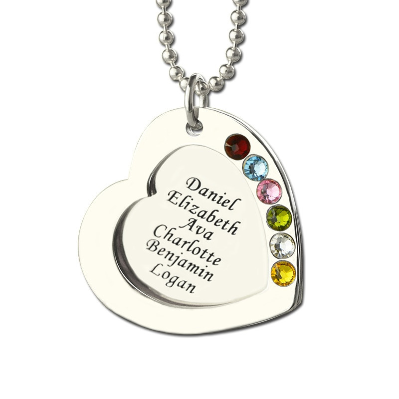 Engraved Mother's Necklace
 AILIN Hand Stamped Heart Birthstones Necklace Silver