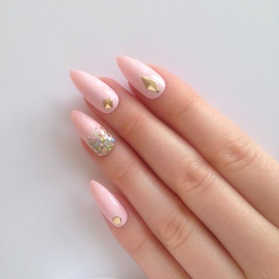 Fake Nail Styles
 Pastel pink stud glitter stiletto nails Nail by