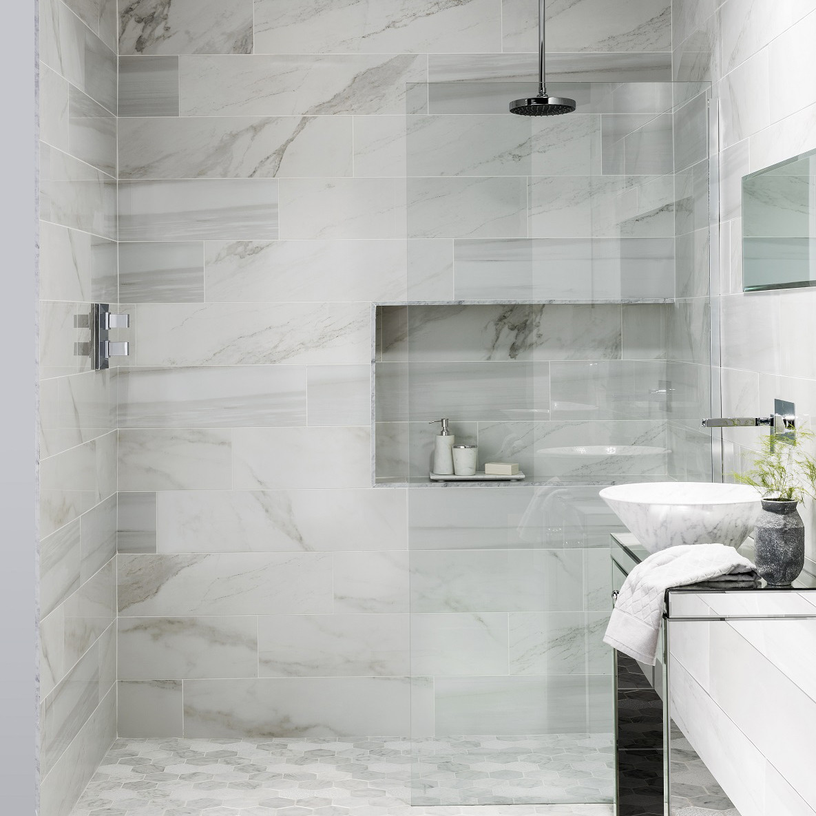 Faux Marble Tile Bathroom
 These faux marble tiles have got everyone talking