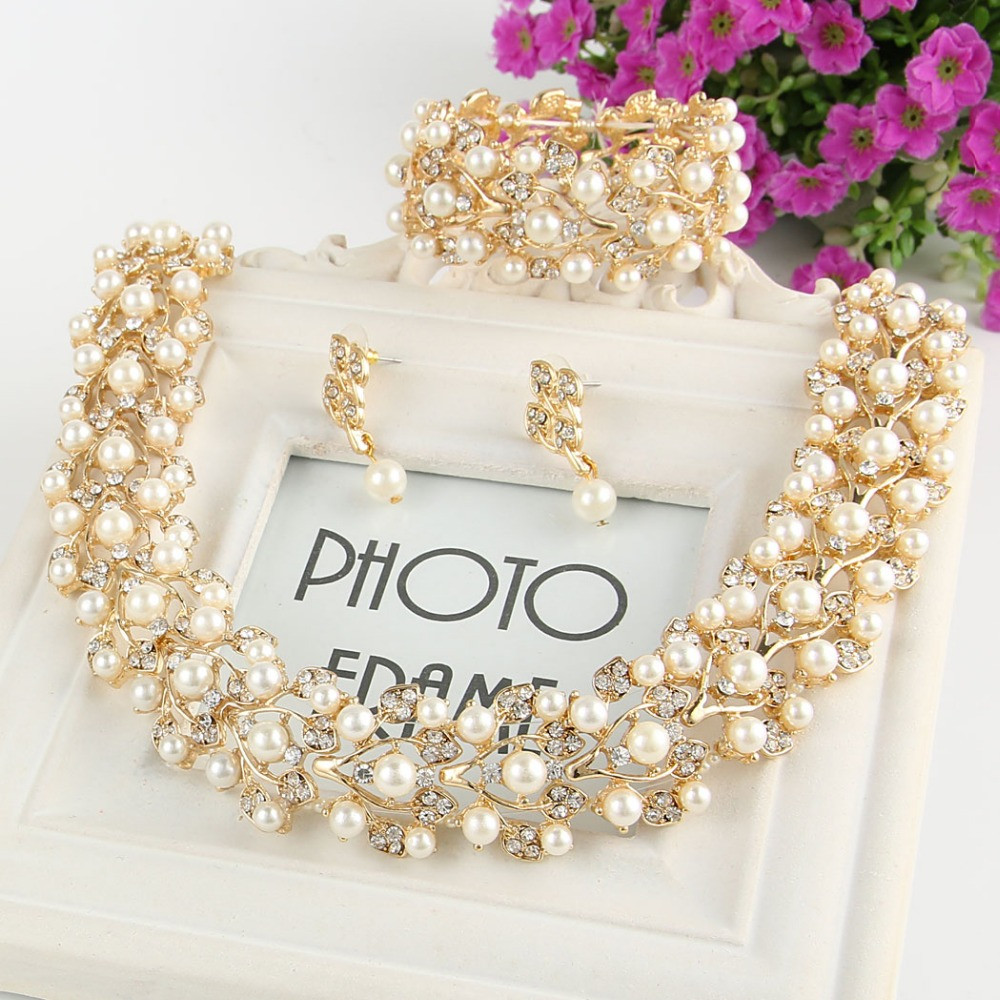 Faux Wedding Ring Sets
 Bella Gold Tone Leaf Wedding Necklace Earrings Bracelet