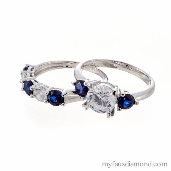 Faux Wedding Ring Sets
 Faux Diamond and Sapphire Engagement and Wedding Ring Set in