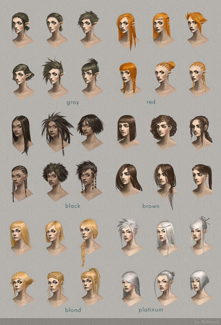 Female Hairstyles Art
 Hairstyle concept art by telthona elf human satyr chart