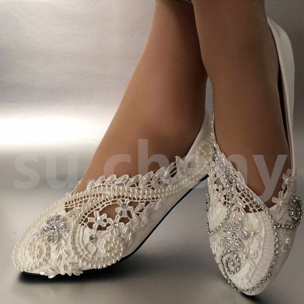 Flats Wedding Shoes
 White ivory pearls lace crystal Wedding shoes flat