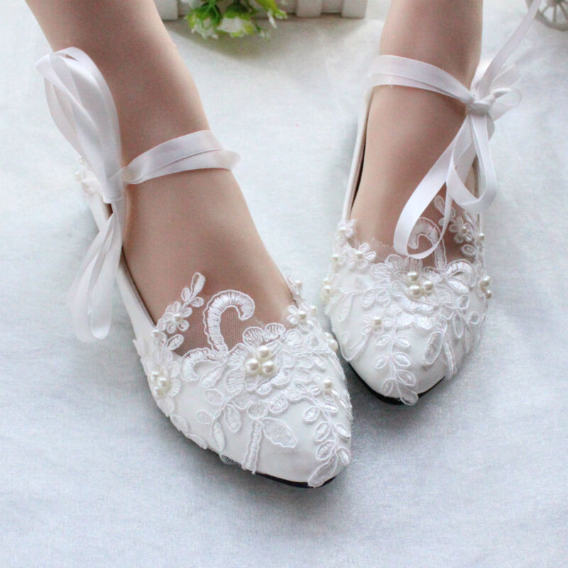 Flats Wedding Shoes
 Women Flats Pearls Lace Mary Jane Princess Wedding White