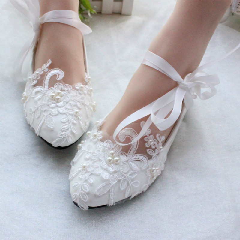 Flats Wedding Shoes
 Free shipping women white ivory lace pearls wedding shoes
