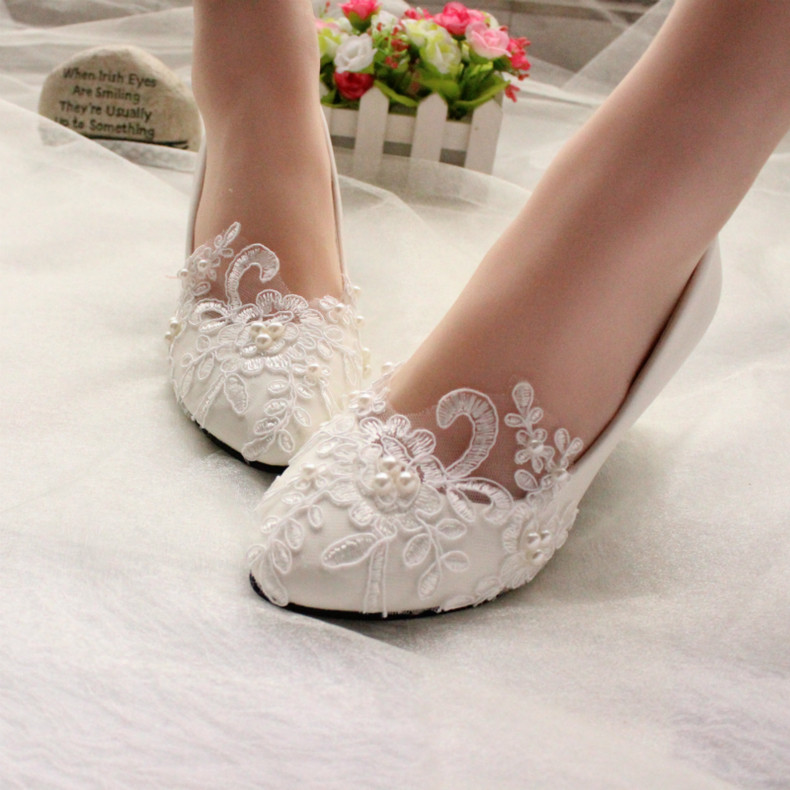 Flats Wedding Shoes
 Lace white ivory crystal Wedding shoes Bridal flats low