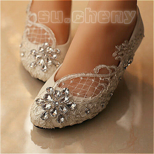 Flats Wedding Shoes
 sueny Lace white ivory crystal flats low high heel pump
