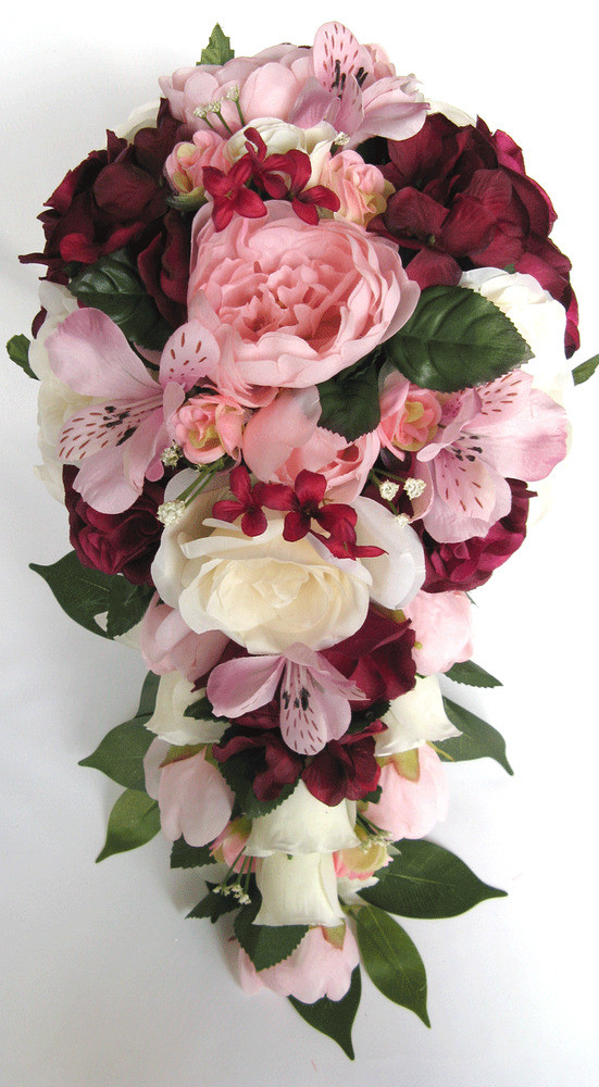 Flowers For Wedding Bouquet
 Wedding Bouquet 17 pc package Bridal Silk Flowers BURGUNDY