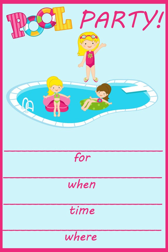 Free Printable Birthday Party Invitations
 Items similar to Pool Party Fill In Birthday Invitation on