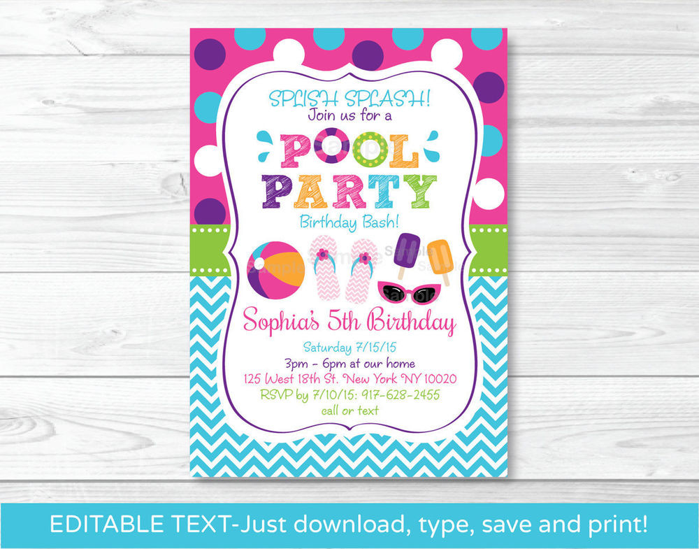 Free Printable Birthday Party Invitations
 Girls Pool Party Printable Birthday Invitation Editable