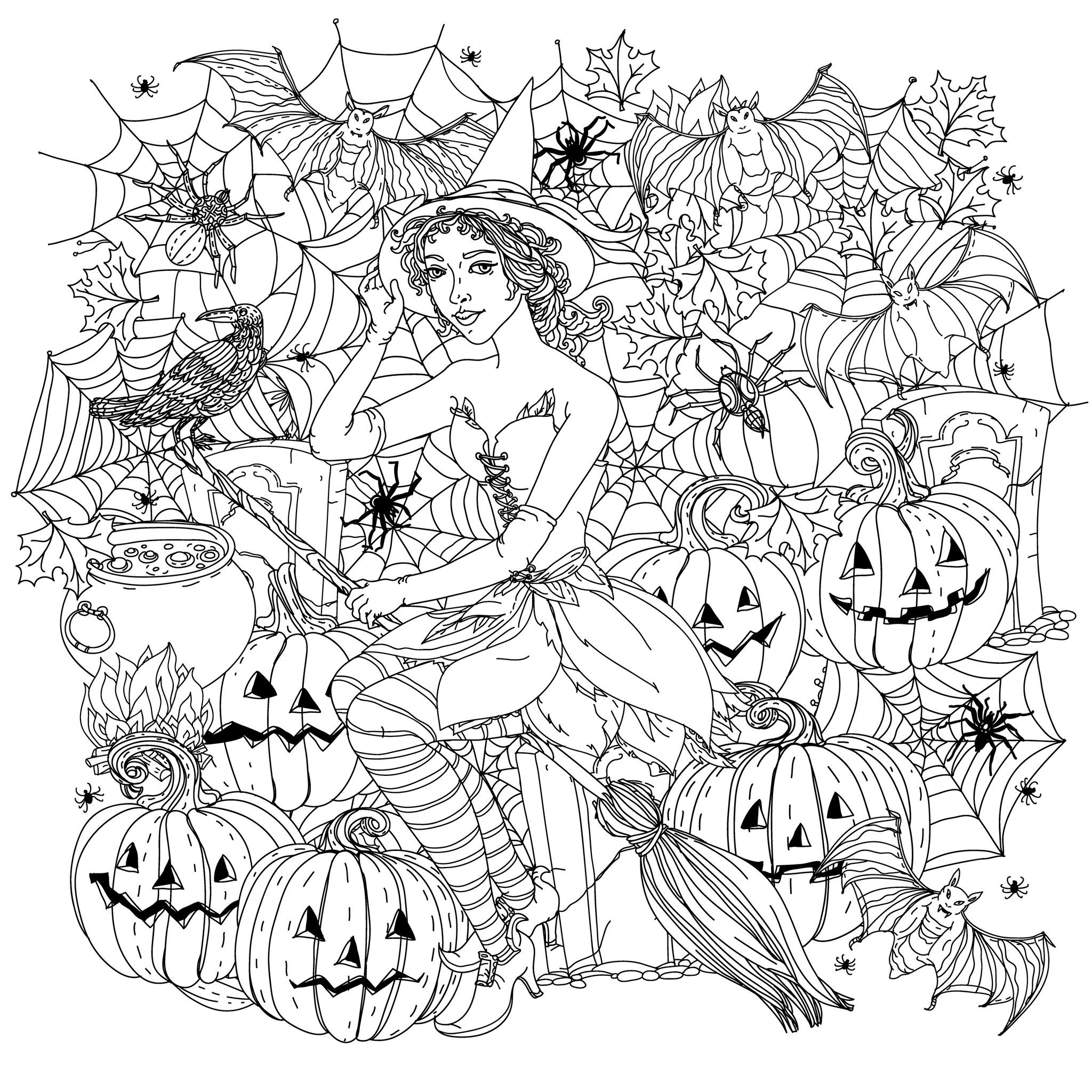 Free Printable Halloween Coloring Pages Adults
 Halloween witch with pumpkins Halloween Adult Coloring Pages