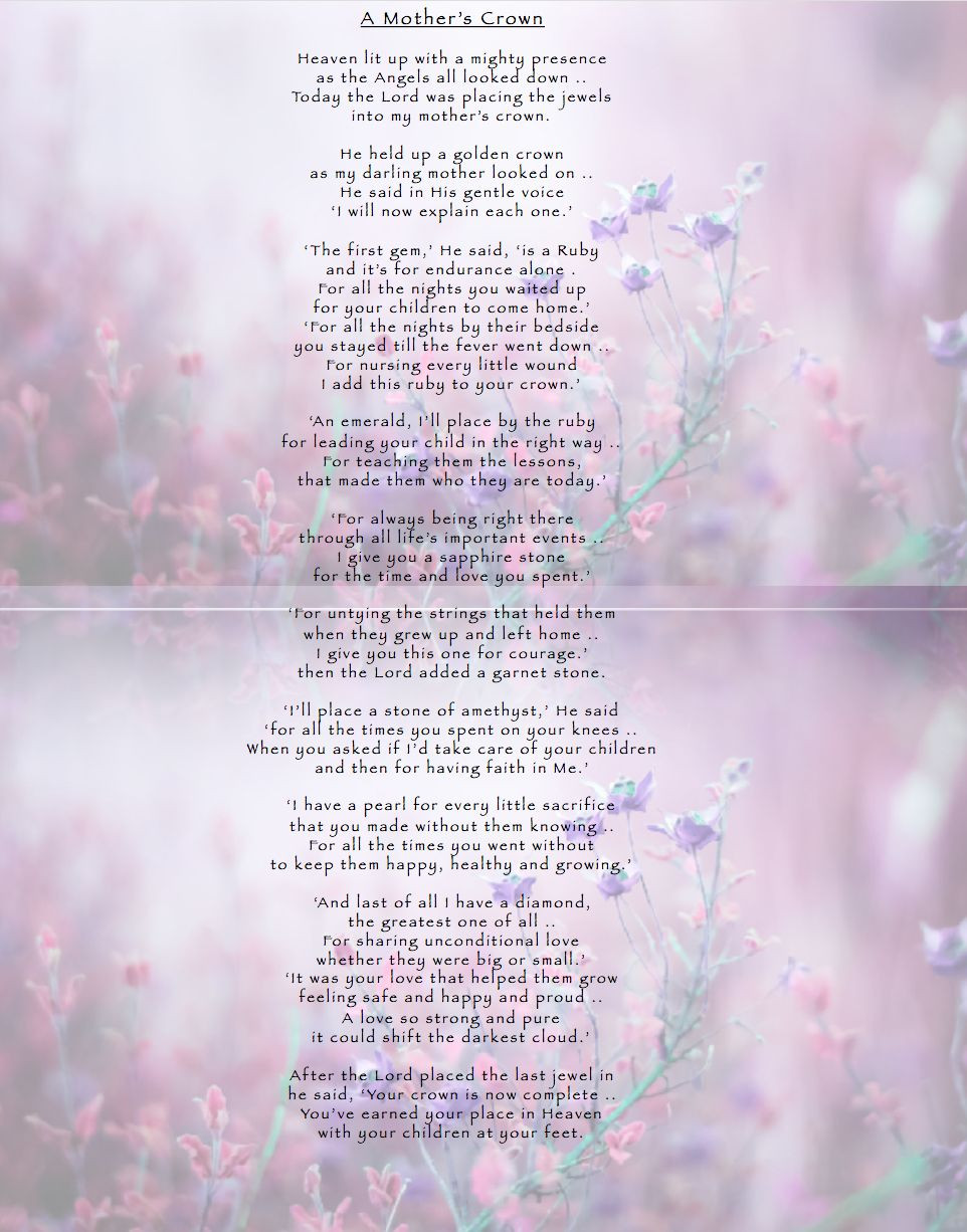 Funeral Quotes For Mother
 A Mother’s Crown Funeral Poem