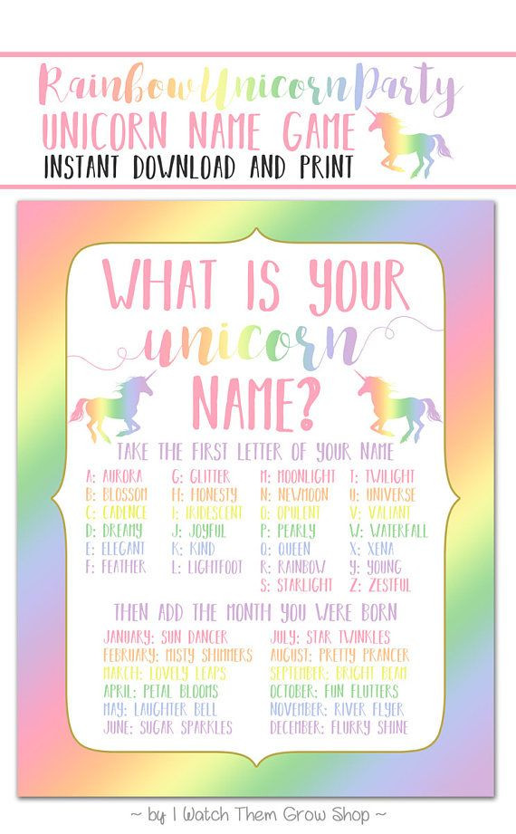 Funny Birthday Party Names
 Rainbow Unicorn Name Party Game Printable "What s Your