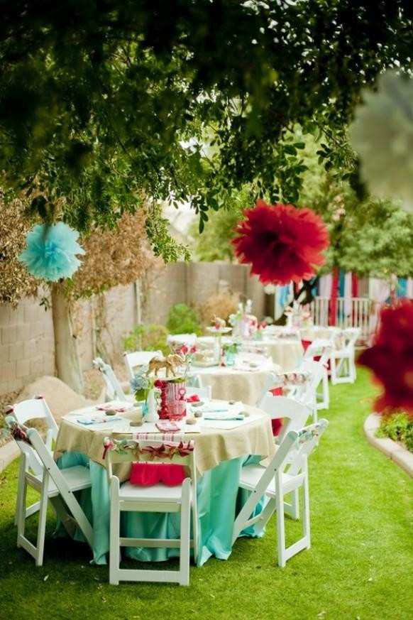 Garden Graduation Party Ideas
 Tiffany Blue & Red Paper Pom Poms ♥ Garden Wedding & Party