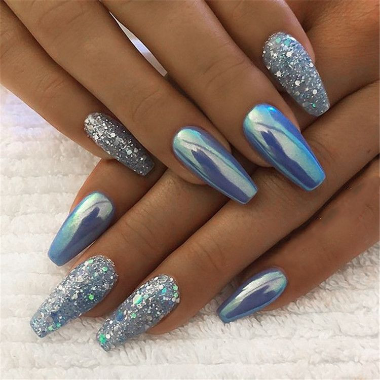 Gel Coffin Nail Designs
 Winter Acrylic Green and Blue Glitter Coffin Nails From