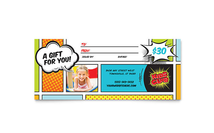 Gift Certificates For Kids
 Kids Club Gift Certificate Template Design