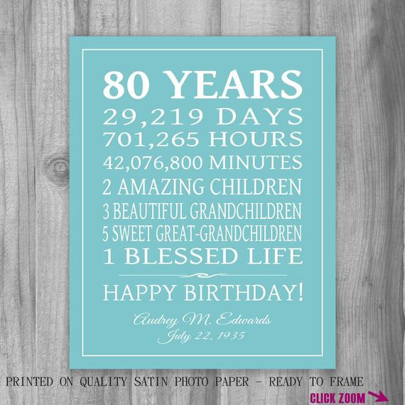 Gift Ideas For 80 Year Old Mother
 80th BIRTHDAY GIFT 80 Years Sign Personalized Gift Art Print