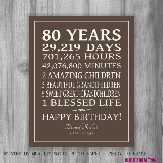 Gift Ideas For 80 Year Old Mother
 80th BIRTHDAY GIFT Sign Print Personalized Art Mom Dad Grandma