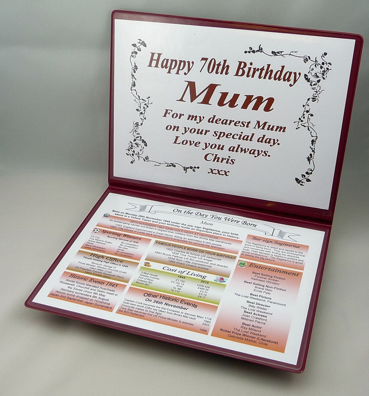 Gifts For 70th Birthday
 HAPPY 70TH BIRTHDAY GIFT THE DAY YOU WERE BORN ANY AGE