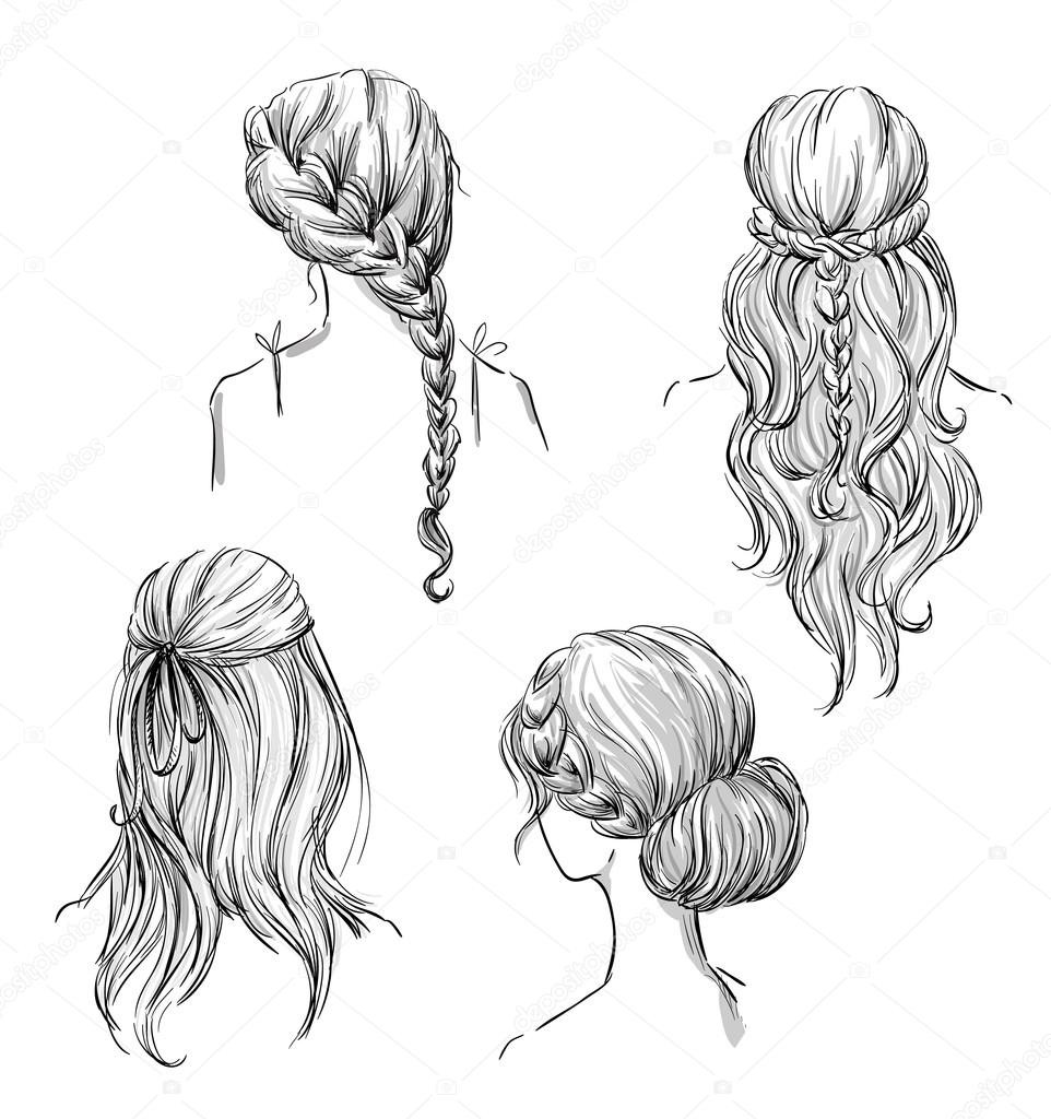 Girl Hairstyles Drawing
 Set of different hairstyles Hand drawn Black and white