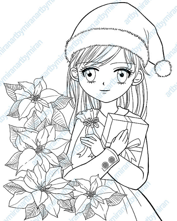 Girls Christmas Coloring Pages
 Christmas Digital Stamp Poinsettia and Girl Coloring page