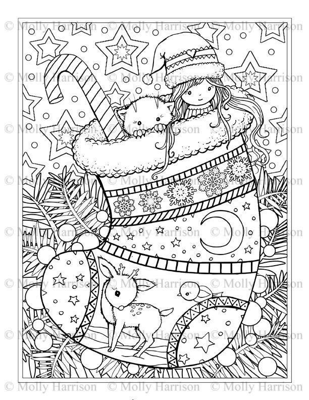 Girls Christmas Coloring Pages
 Christmas Stocking Coloring Page Cat Deer Cute Little
