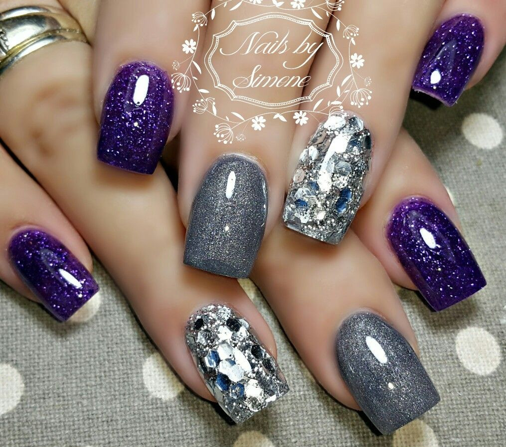 Glitter Nail Designs 2020
 Grey silver glitter dark purple nails in 2020
