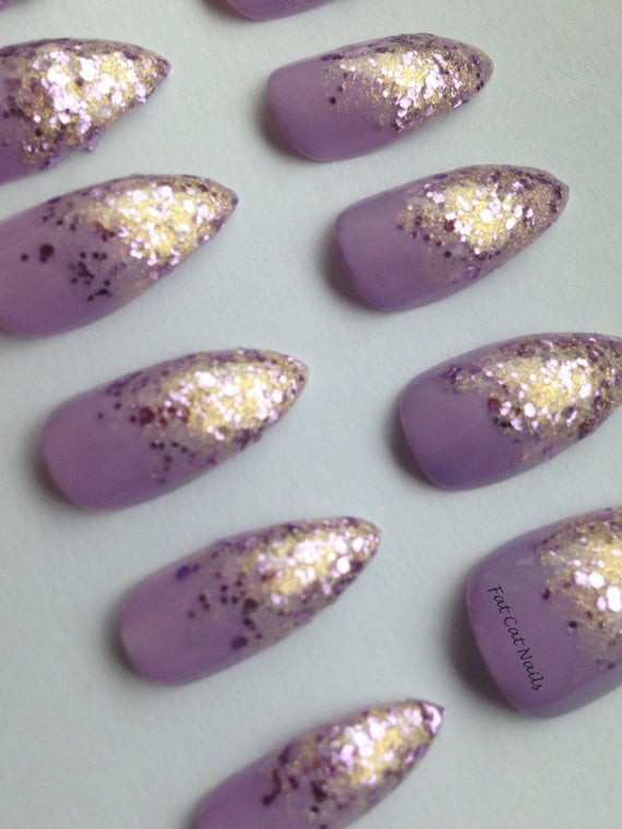 Glitter Pointy Nails
 Purple Sequin Stiletto nails false nail set glitter nail