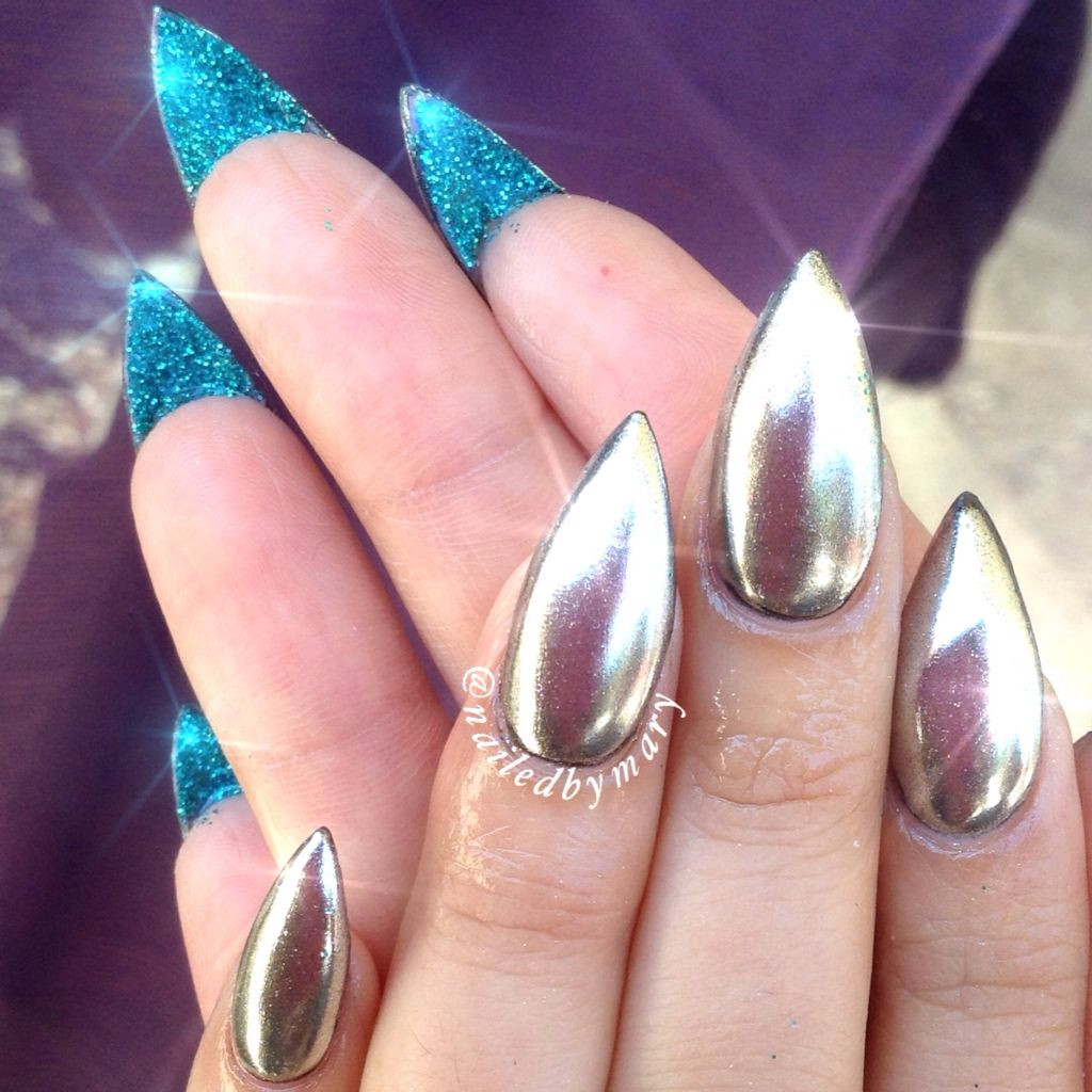 Glitter Pointy Nails
 Louboutin mirror chrome stilettonails glitter silver