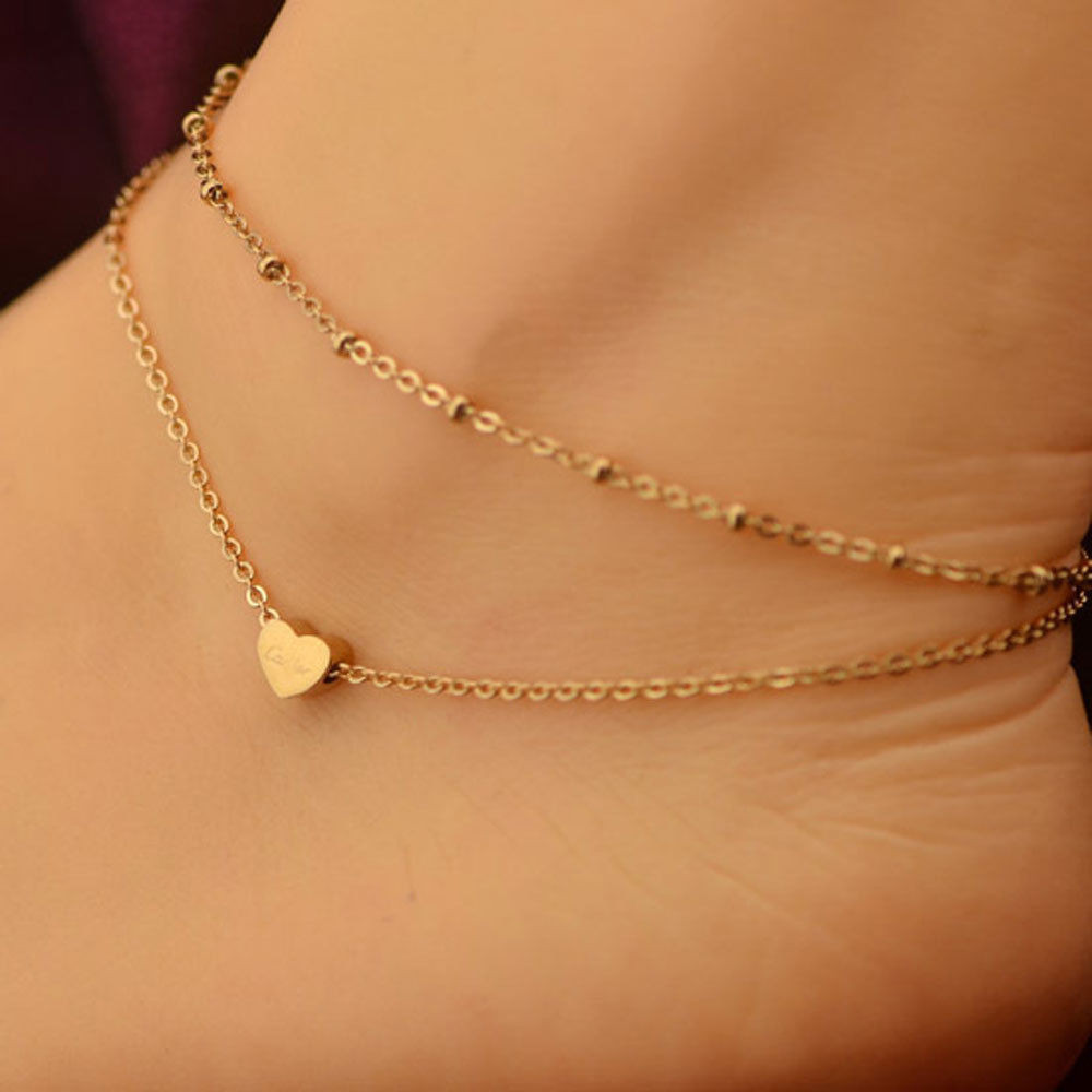Gold Anklet Bracelet
 1pc Gold Tone Love Heart Ankle Bracelet Double Layer Chain