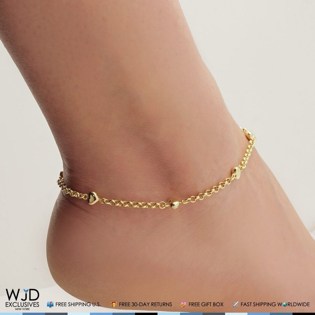 Gold Anklet Bracelet
 14K Solid Yellow Gold Heart Rolo Link Spring Ring Clasp