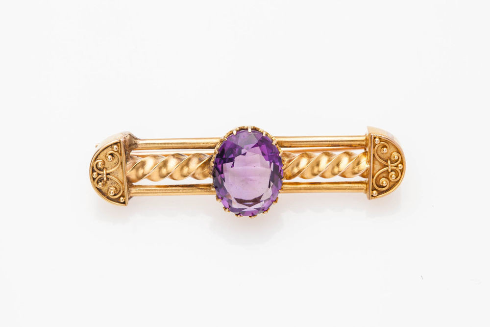 Gold Brooches
 Antique 1800s Etruscan 5ct Natural Amethyst 14k Gold