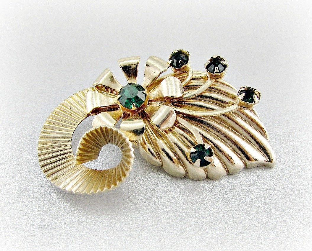 Gold Brooches
 Vintage Gold Flower Leaf Brooch Pin Emerald Green Rhinestone