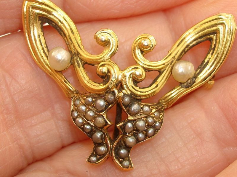 Gold Brooches
 ANTIQUE EDWARDIAN 14K GOLD SEED PEARL BUTERFLY WATCH PIN