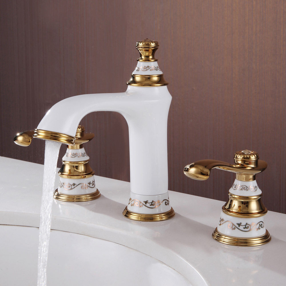 Gold Faucet Bathroom
 Free shipping white & gold 8" WIDESPREAD LAVATORY BATHROOM