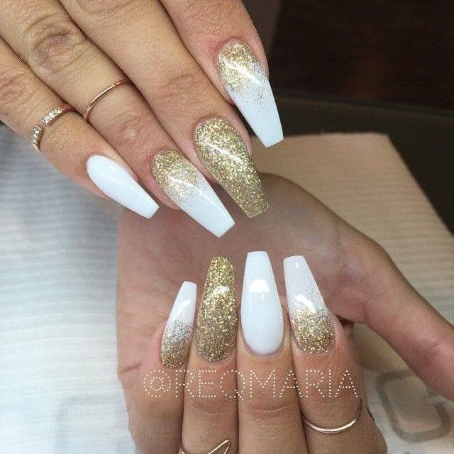 Gold Glitter Acrylic Nails
 White and gold glitter long coffin nails Nails