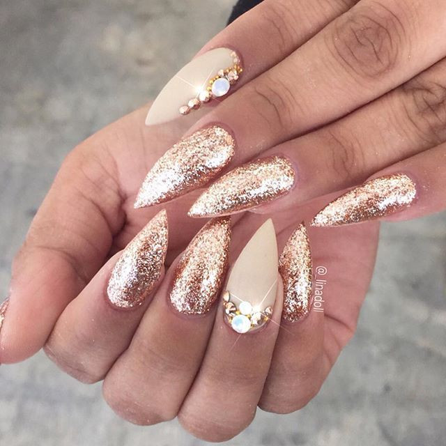 Gold Glitter Nails Designs
 Gold glitter rhinestone stiletto nails nailart nails