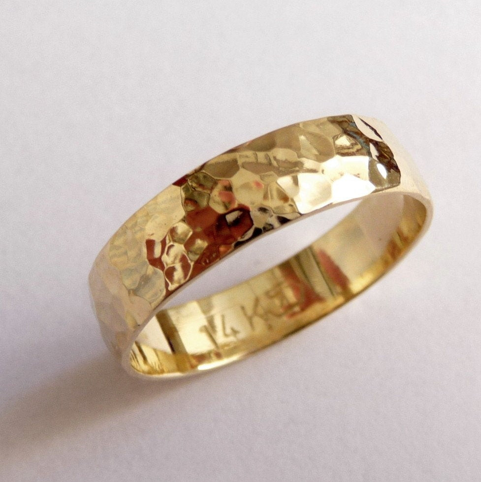 Gold Mens Wedding Band
 Gold mens wedding band wedding ring 5mm wide hammered for men
