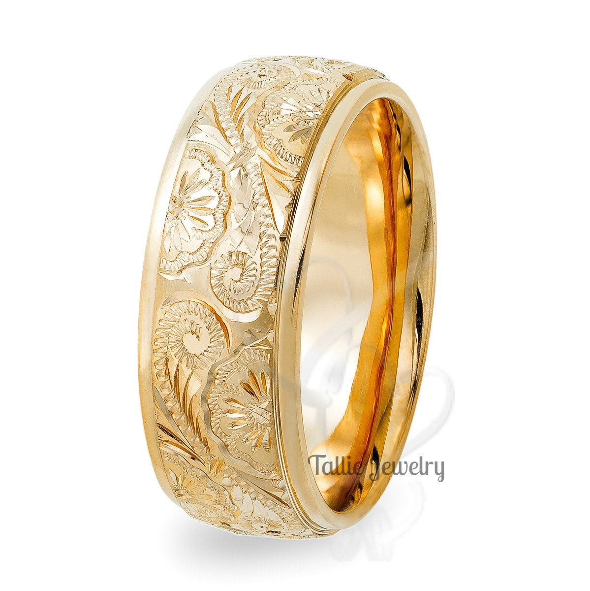 Gold Mens Wedding Band
 Hand Engraved Mens Wedding Rings8mm 10K 14K Yellow Gold